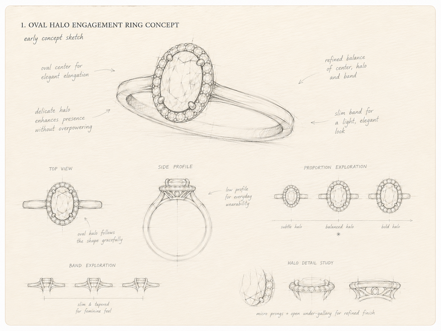 Mock hand-drawn preview for Oval halo engagement ring concept