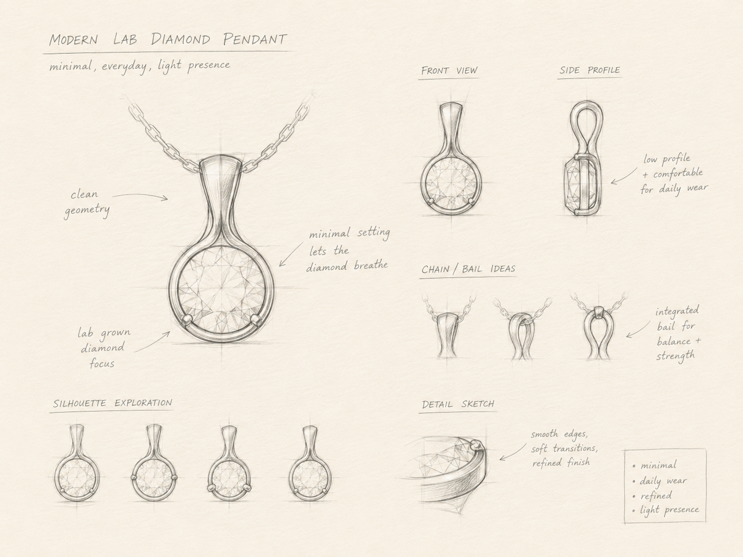 Mock hand-drawn preview for Modern lab diamond pendant concept