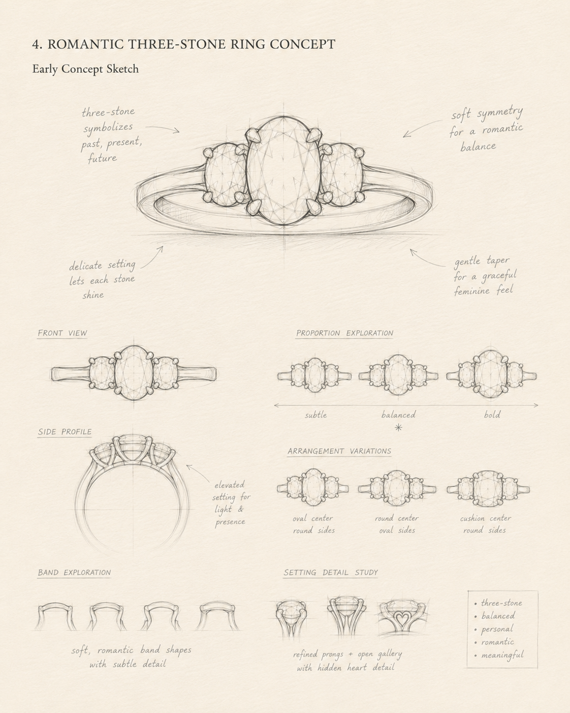 Mock hand-drawn preview for Romantic three-stone ring concept