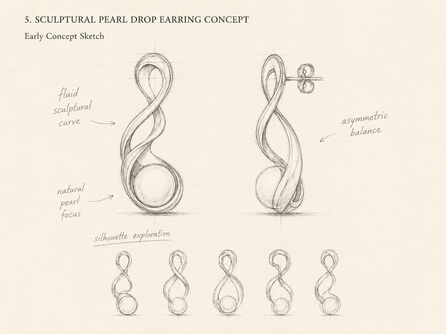 Mock hand-drawn preview for Sculptural pearl drop earring concept
