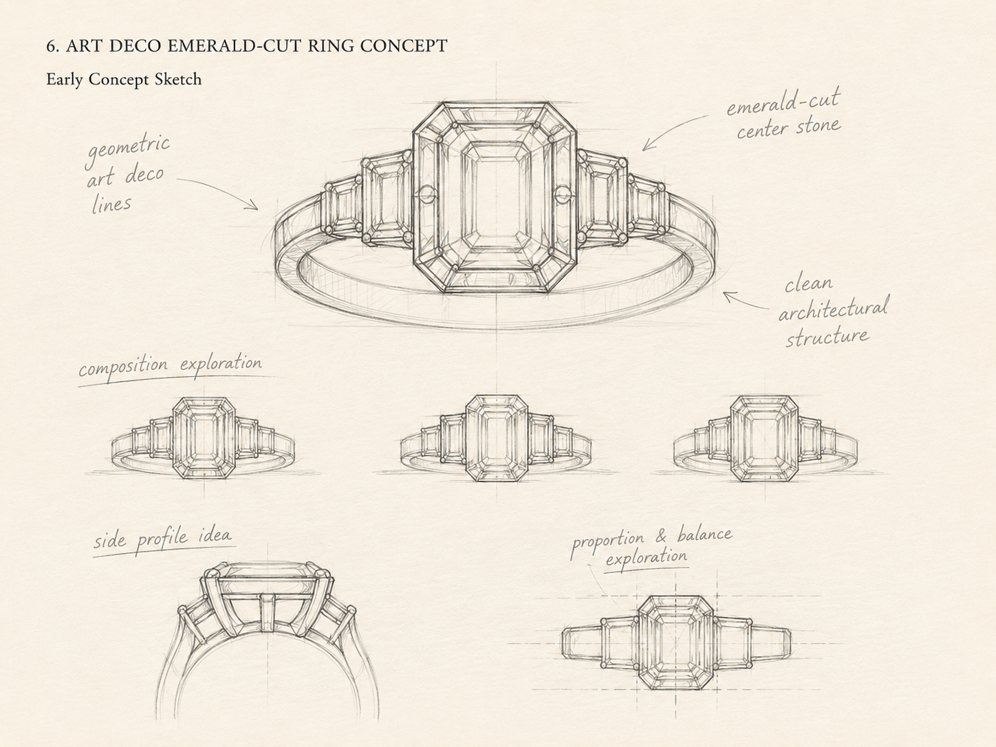 Mock hand-drawn preview for Art deco emerald-cut ring concept